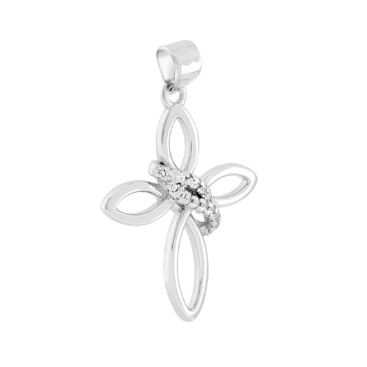 Ciondolo a forma di croce con finitura liscia e lucida e nastro attorcigliato con zirconi bianchi incastonati.