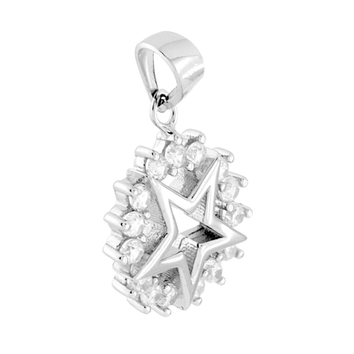 Ciondolo a forma di Stella con finitura lucida, contornata da zirconi bianchi incastonati.<BR>