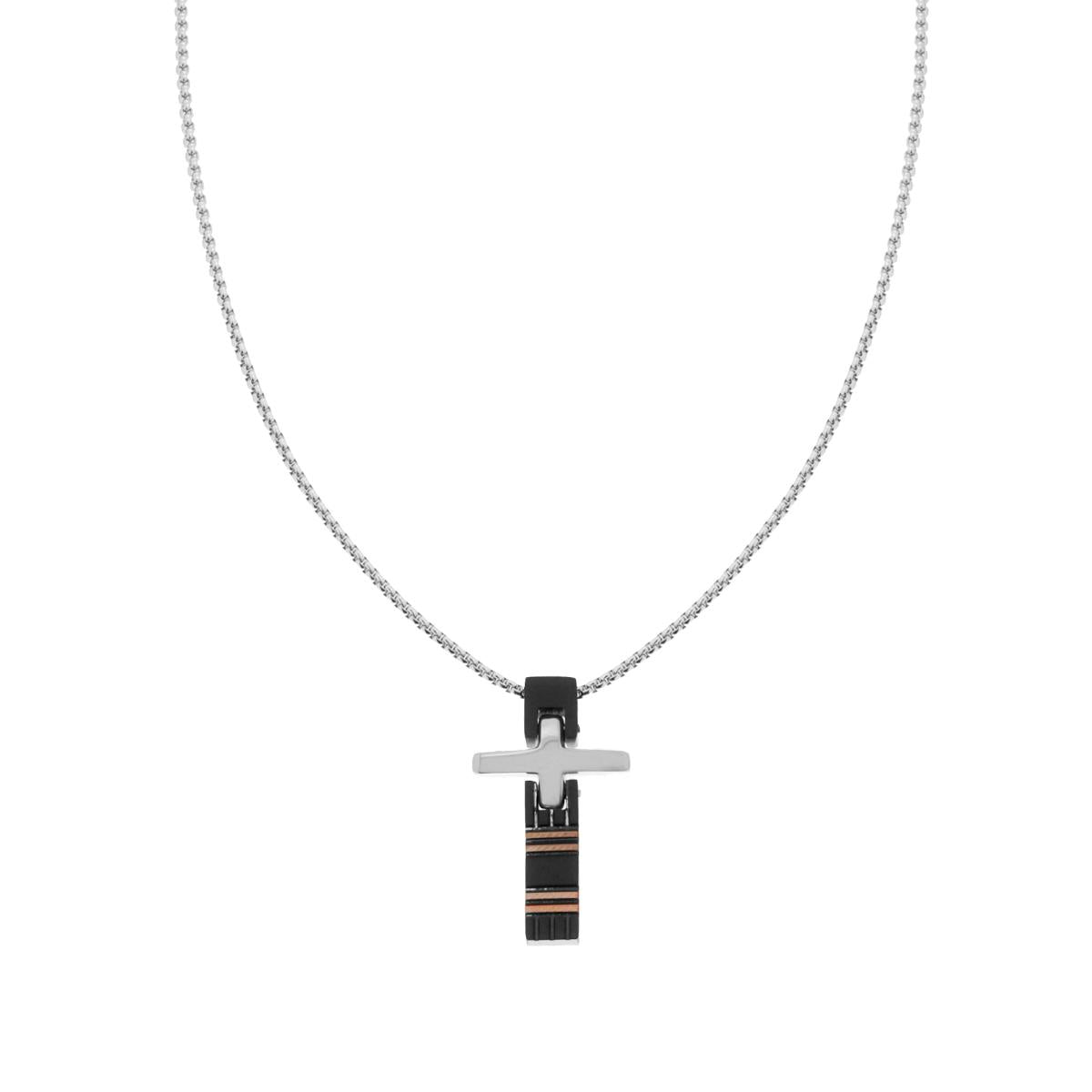 Collana Uomo Catena Veneziana tonda con Croce bicolore laccata Nera in ACCIAIO