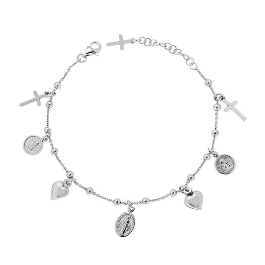 Bracciale catena Forzatina e palline lisce mm 3 con Charms Sacri e Cuori pendenti in ARGENTO 925 Galvanica Rodio