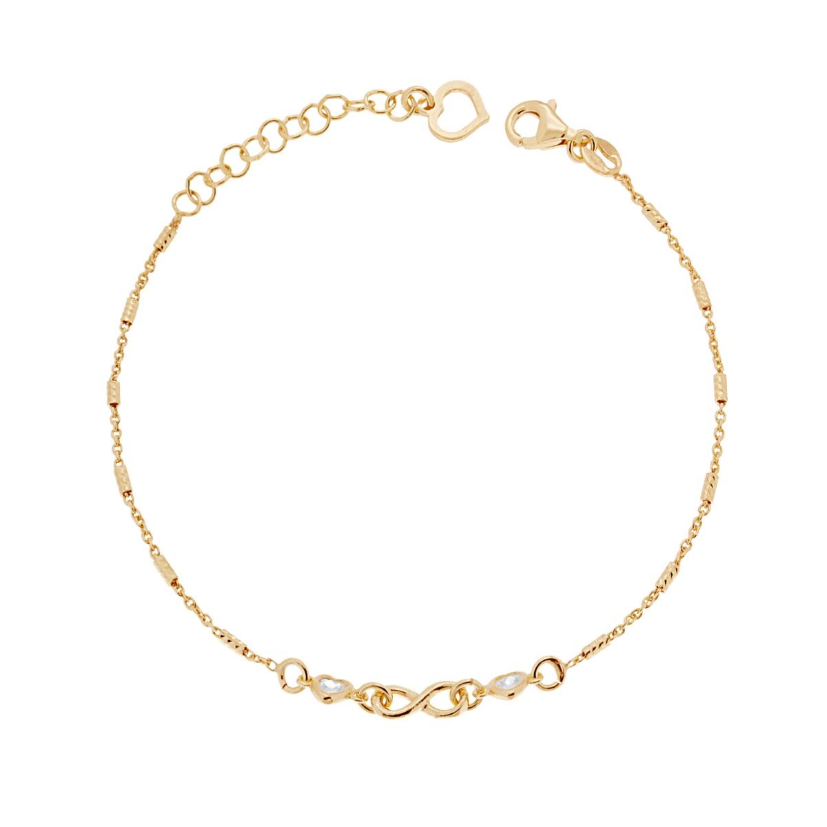 Bracciale Catena Forzatina con Cilindretti Diamantati Infinito e Cuori con Zirconi Bianchi in ARGENTO 925 Galvanica Oro