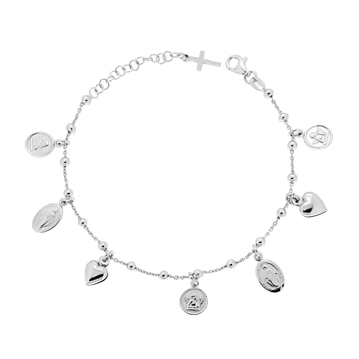 Bracciale catena Forzatina e Palline lisce mm 3 con Charms Sacri e Cuori pendenti in ARGENTO 925 Galvanica Rodio