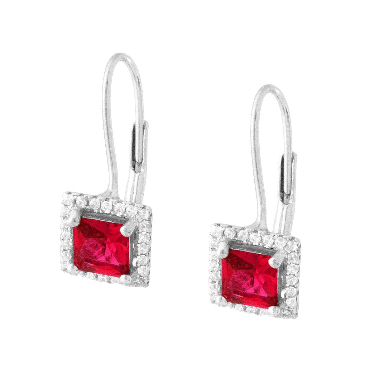 Orecchini Monachella con Zircone Quadrato Rosso Rubino contornato da Zirconi Bianchi in ARGENTO 925 Galvanica Rodio