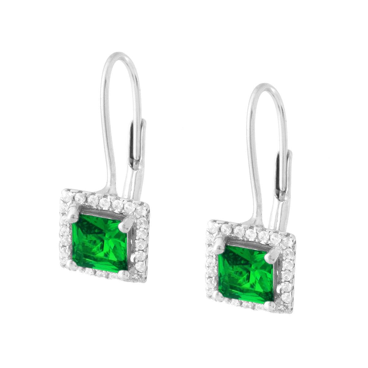 Orecchini Monachella con Zircone Quadrato Verde Smeraldo contornato da Zirconi Bianchi in ARGENTO 925 Galvanica Rodio