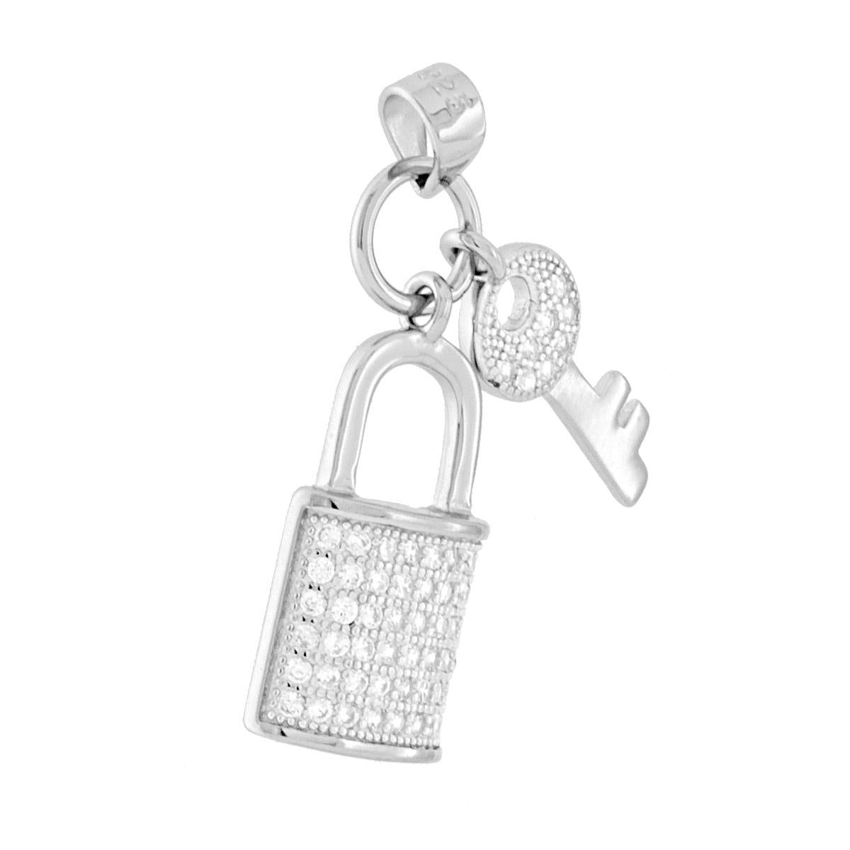 Ciondolo multipendente a forma di Chiave e Lucchetto con zirconi bianchi incastonati.<BR>