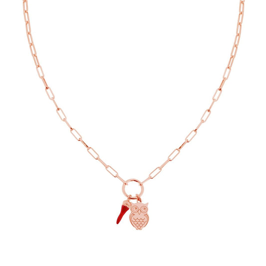 Collana Catena Forzatina Allungata con Corno Portafortuna pendente Smalto Rosso e Gufo in ARGENTO 925 Galvanica Rosa