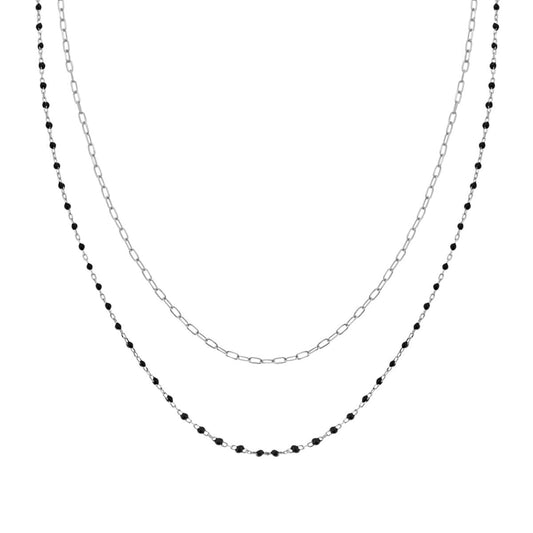 Collana due fili Catena Forzatina Allungata con Smalto Nero in ARGENTO 925 Galvanica Rodio