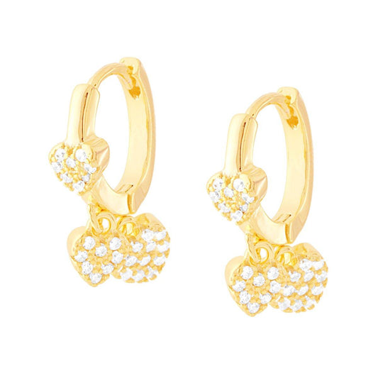Orecchini Cerchio mm 13 con Cuori pendenti e Zirconi Bianchi in ARGENTO 925 Galvanica Oro
