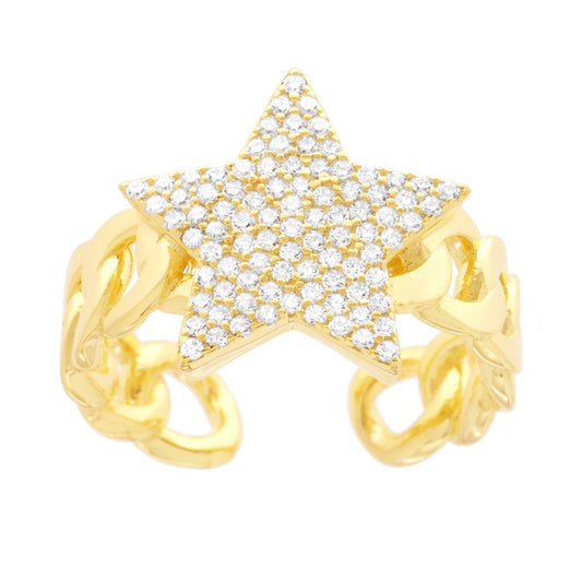 Anello Fascia Grumetta con Stella Cubic Zirconia Bianchi in ARGENTO 925 Galvanica Oro