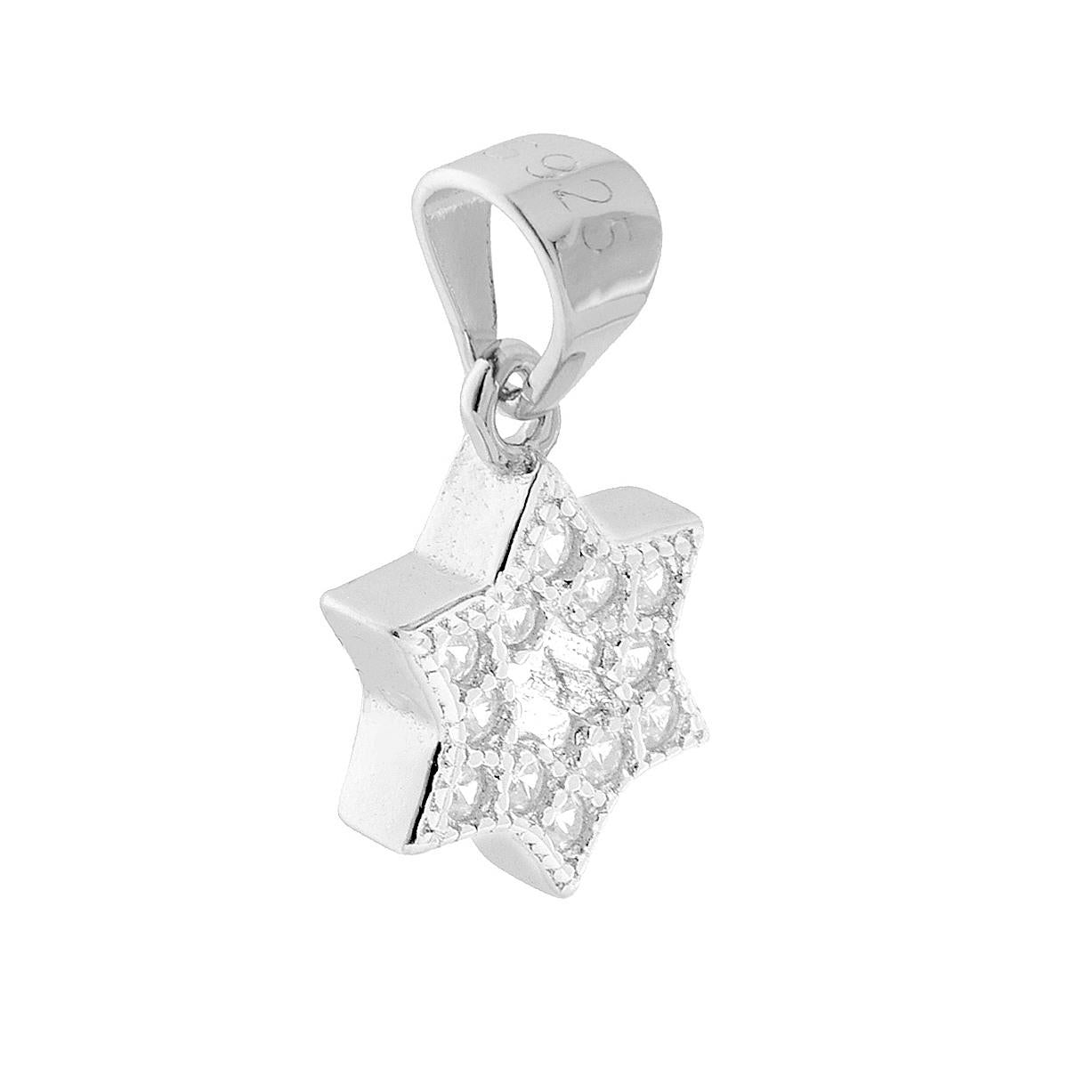 Ciondolo a forma di stella a sei punte con zirconi bianchi incastonati.