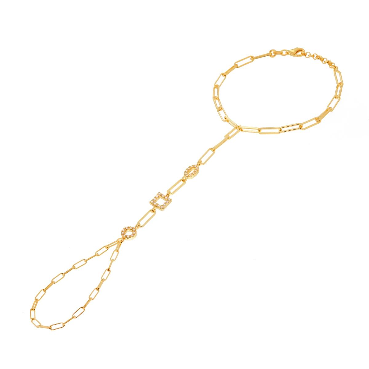 Bracciale Baciamano Catena Forzatina Allungata con Cerchio Ovale e Quadrato con Zirconi Bianchi in ARGENTO 925 Galvanica Oro