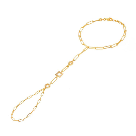 Bracciale Baciamano Catena Forzatina Allungata con Cerchio Ovale e Quadrato con Zirconi Bianchi in ARGENTO 925 Galvanica Oro