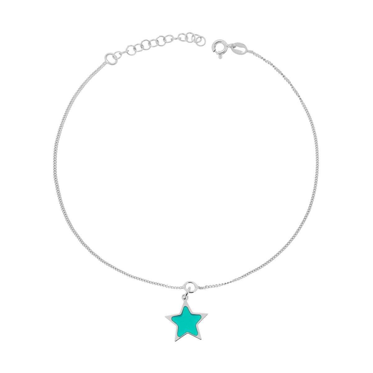 Cavigliera Catena Grumetta con Stella smalto Turchese in ARGENTO 925 Galvanica Rodio