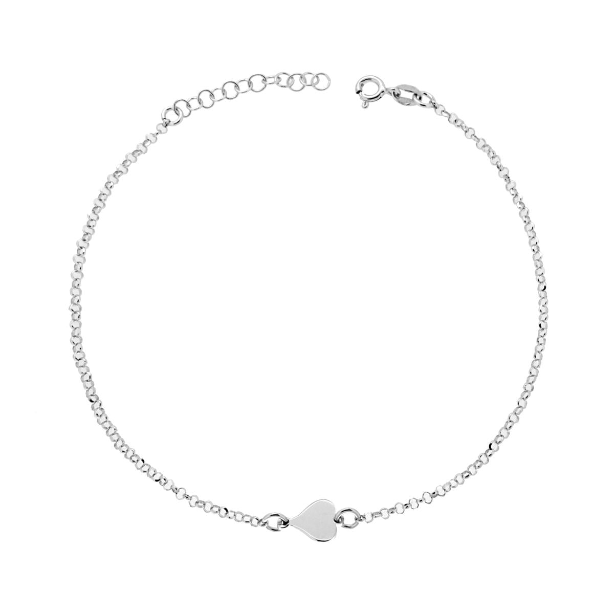 Cavigliera Catena Rolo Diamantata con Cuore plain in ARGENTO 925 Galvanica Rodio