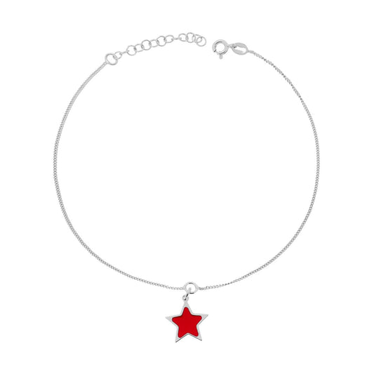 Cavigliera Catena Grumetta con Stella smalto Rosso in ARGENTO 925 Galvanica Rodio