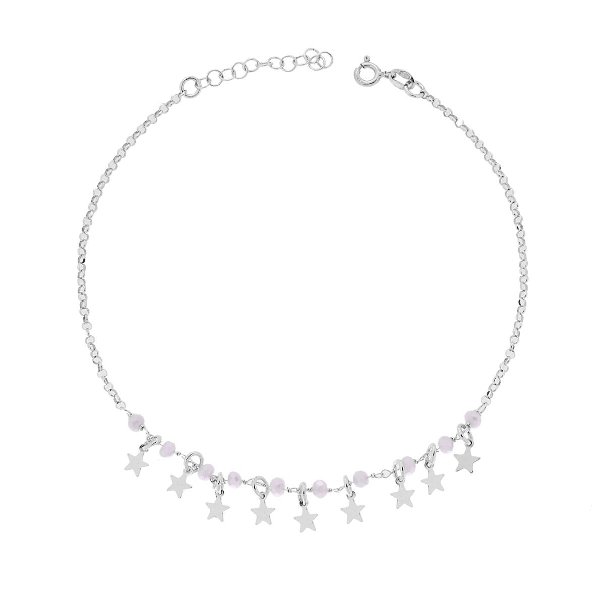 Cavigliera Catena Rolo Diamantata con Crystal Bianco Boreale e Stelle plain pendenti in ARGENTO 925 Galvanica Rodio