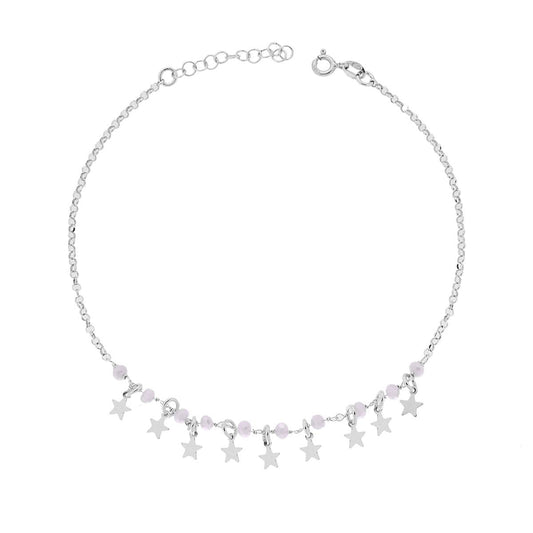 Cavigliera Catena Rolo Diamantata con Crystal Bianco Boreale e Stelle plain pendenti in ARGENTO 925 Galvanica Rodio