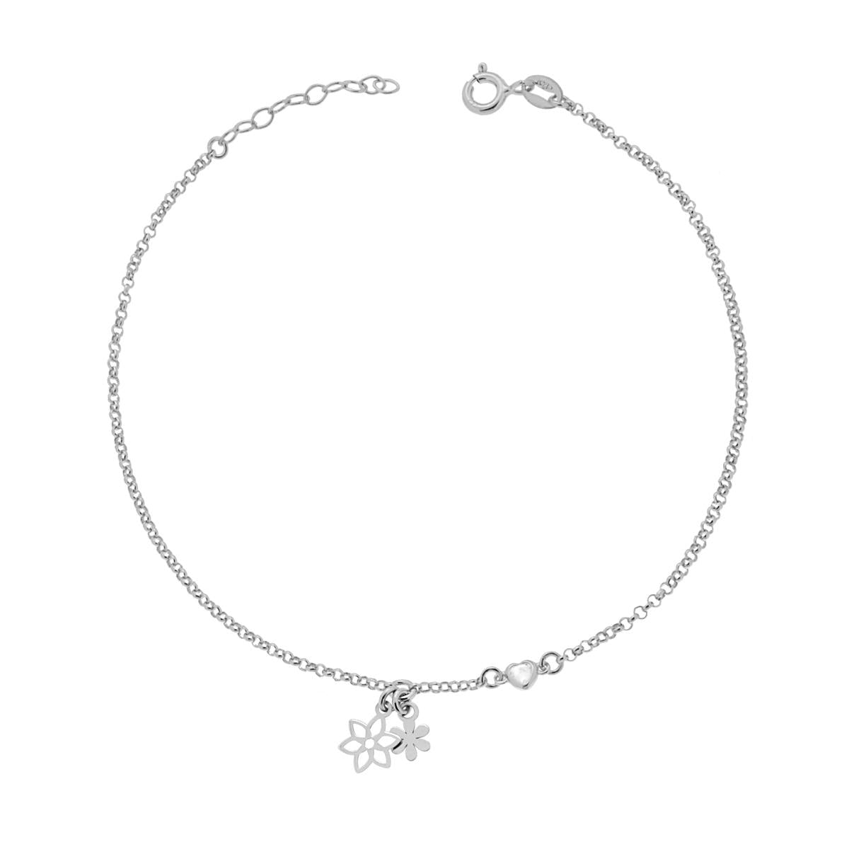 Cavigliera Catena Rolo Diamantata con Zircone a forma di Cuore e Fiori pendenti in ARGENTO 925 Galvanica Rodio