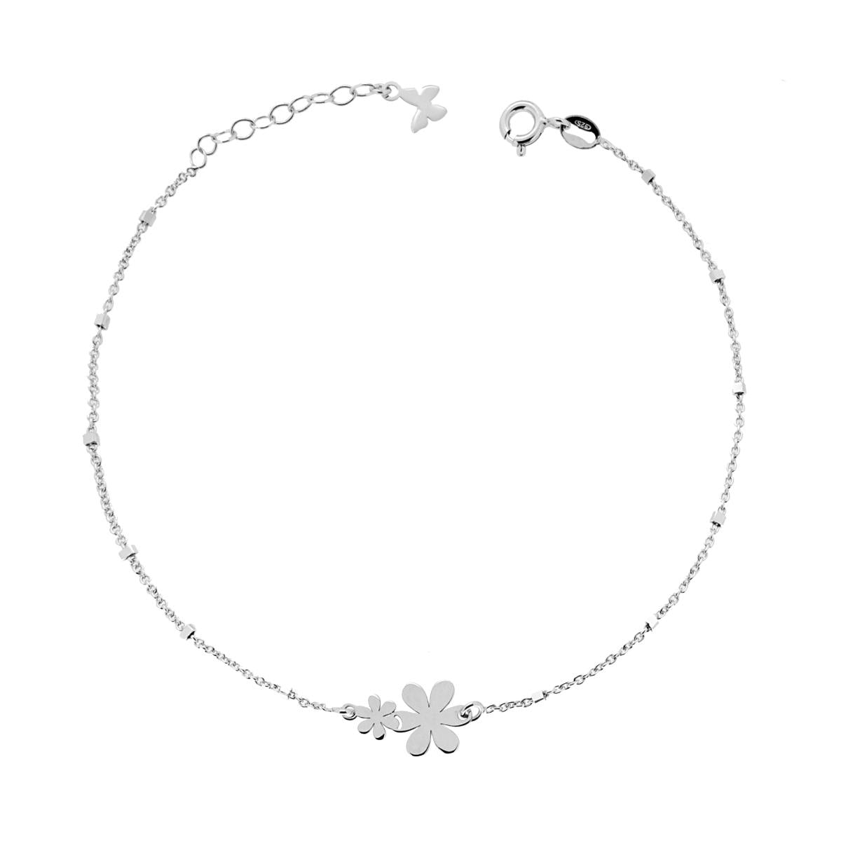 Cavigliera Catena Rolo Diamantata con Fiori e Cubetti Diamantati in ARGENTO 925 Galvanica Rodio