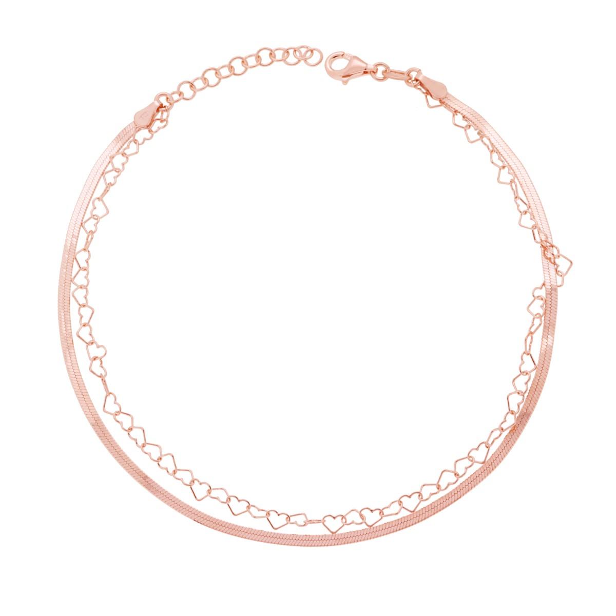 Cavigliera due fili Catena Magik e Cuori in ARGENTO 925 Galvanica Rosa