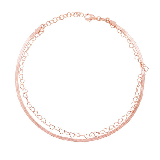 Cavigliera due fili Catena Magik e Cuori in ARGENTO 925 Galvanica Rosa