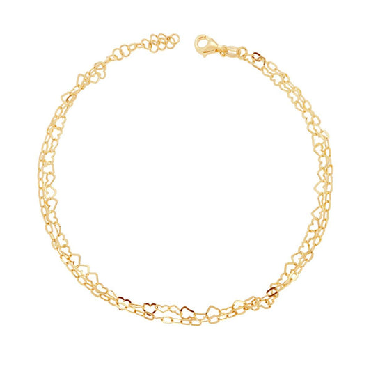 Cavigliera due fili Catena Cuori e Forzatina allungata in ARGENTO 925 Galvanica Oro