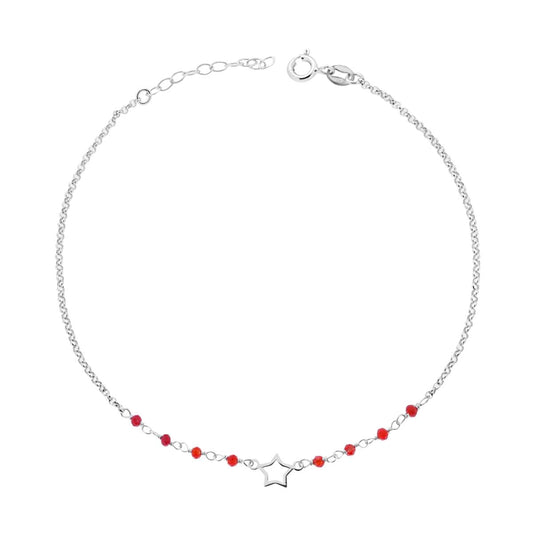 Cavigliera Catena Rolo Diamantata con Stella e Crystal Rossi in ARGENTO 925 Galvanica Rodio