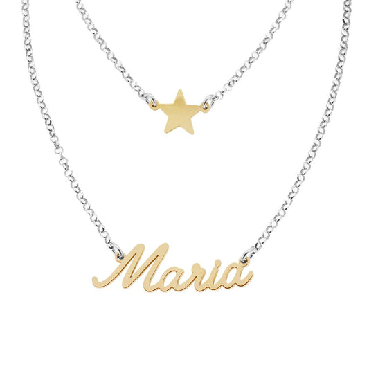 Collana due fili Catena Rolo Diamantata con nome in corsivo Maria e Stella in ARGENTO 925 Galvanica Rodio e Oro