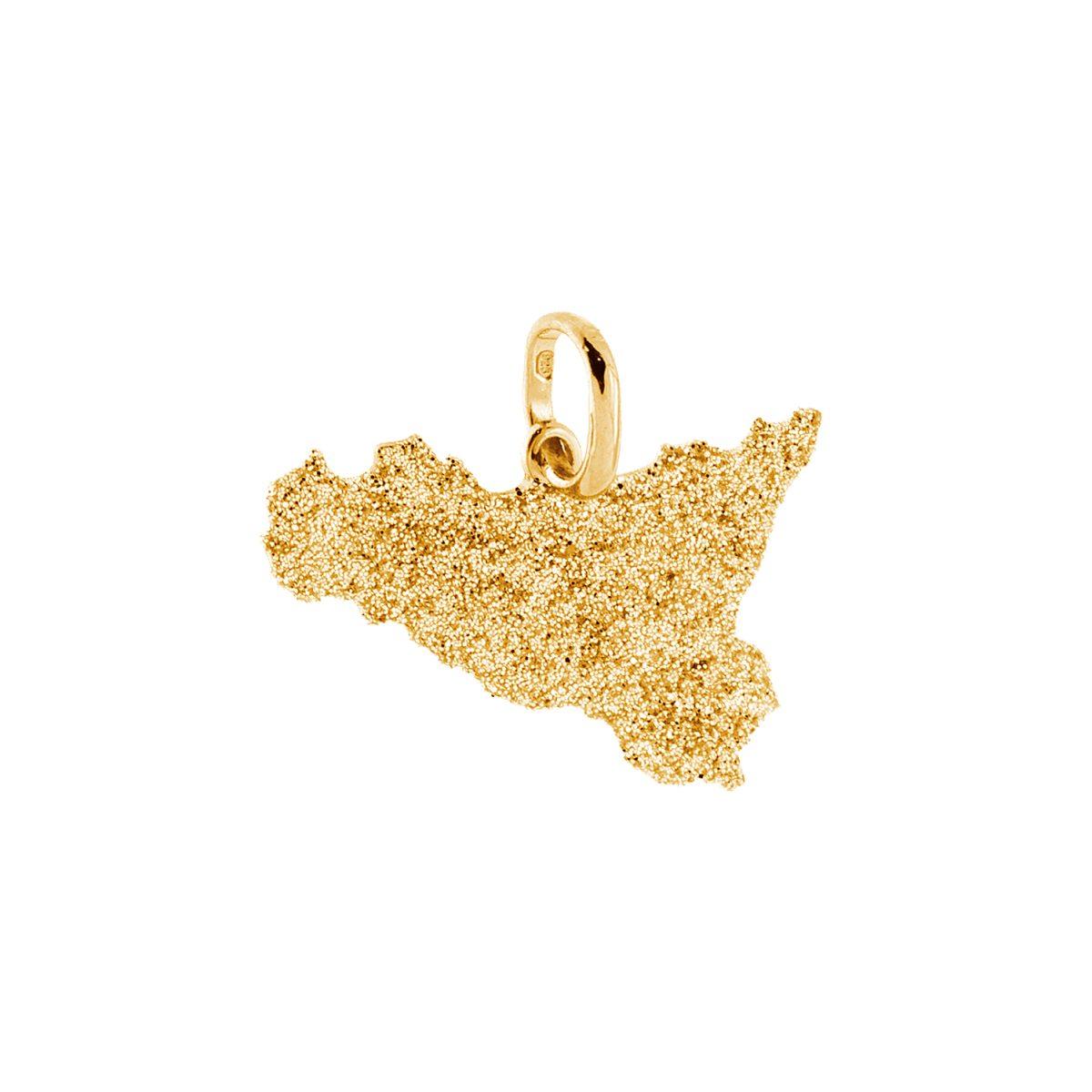 Ciondolo sagoma a forma di Sicilia con applicazione smalto glitter color oro. <BR>Made in Italy