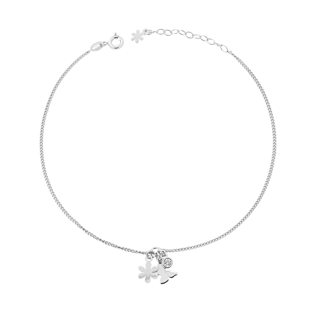 Cavigliera Catena Grumetta con Farfalla Fiore plain e Zircone Bianco pendenti in ARGENTO 925 Galvanica Rodio