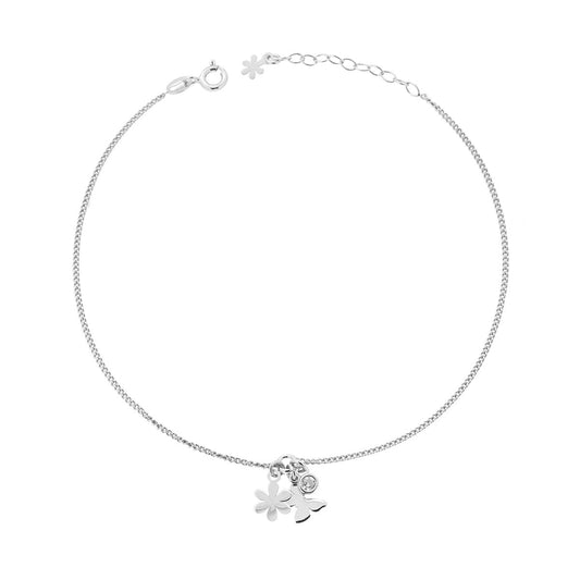 Cavigliera Catena Grumetta con Farfalla Fiore plain e Zircone Bianco pendenti in ARGENTO 925 Galvanica Rodio