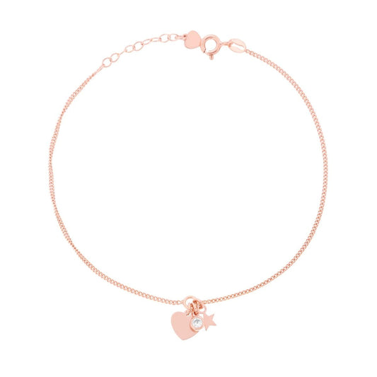 Cavigliera Catena Grumetta con Cuore Stella plain e Zircone Bianco pendenti in ARGENTO 925 Galvanica Rosa