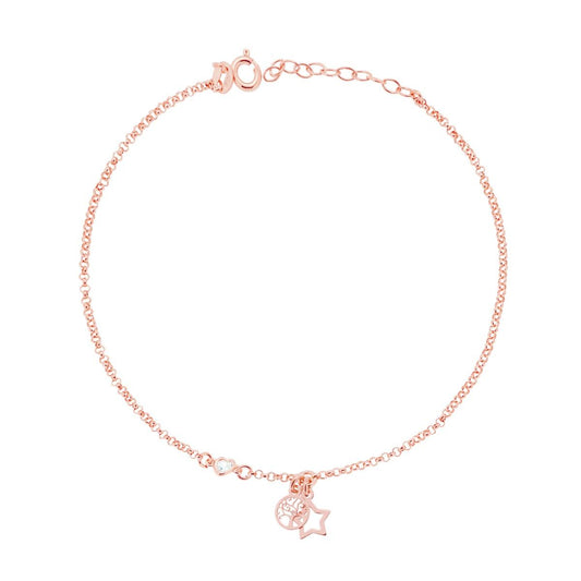 Cavigliera Catena Rolo Diamantata con Albero della Vita Stella e Zircone a Cuore Bianco in ARGENTO 925 Galvanica Rosa