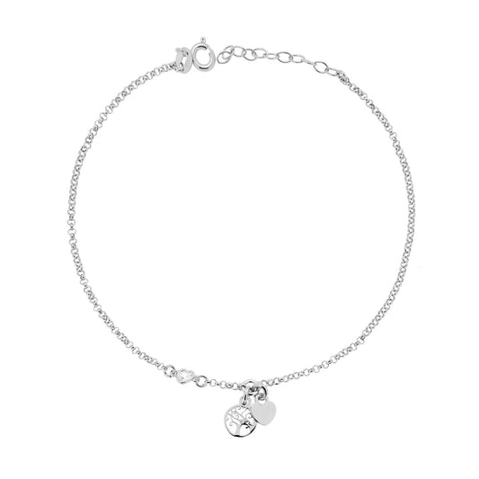 Cavigliera Catena Rolo Diamantata con Albero della Vita Cuore e Zircone a Cuore Bianco in ARGENTO 925 Galvanica Rodio