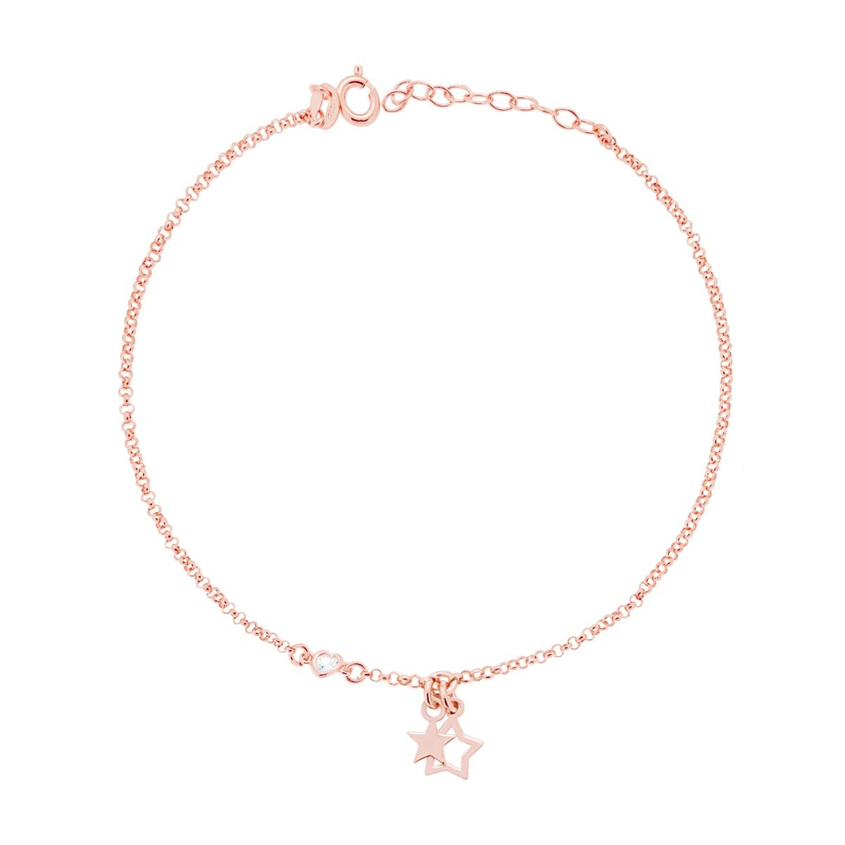 Cavigliera Catena Rolo Diamantata con Stelle e Zircone a Cuore Bianco in ARGENTO 925 Galvanica Rosa