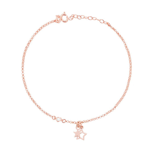 Cavigliera Catena Rolo Diamantata con Stelle e Zircone a Cuore Bianco in ARGENTO 925 Galvanica Rosa