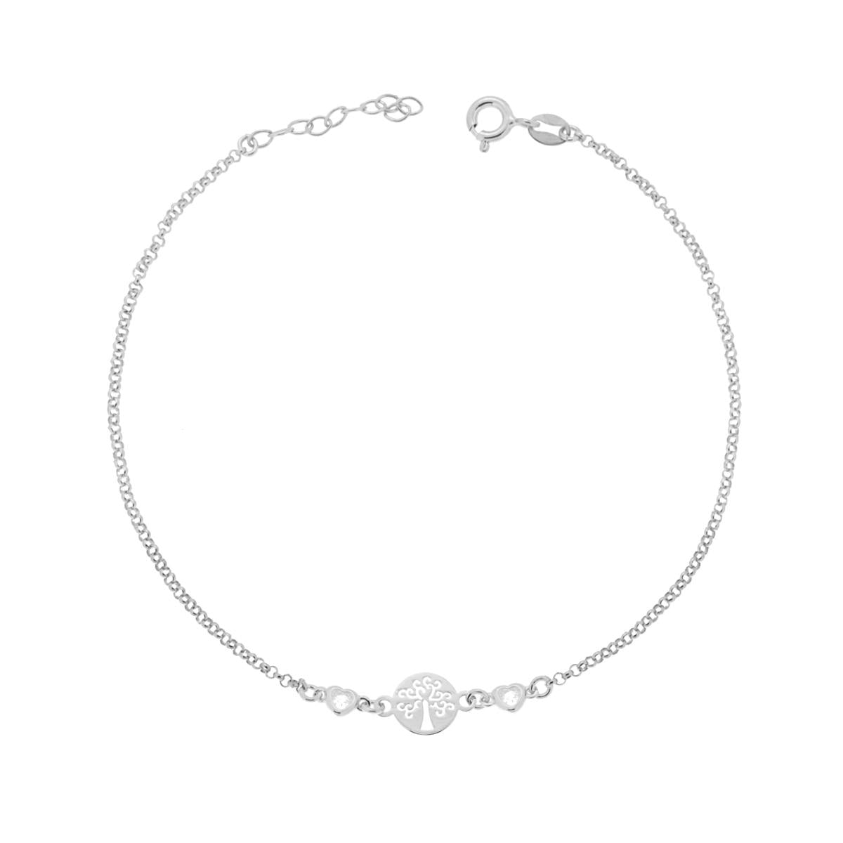 Cavigliera Catena Rolo Diamantata con Albero della Vita e Zirconi a Cuore Bianco in ARGENTO 925 Galvanica Rodio