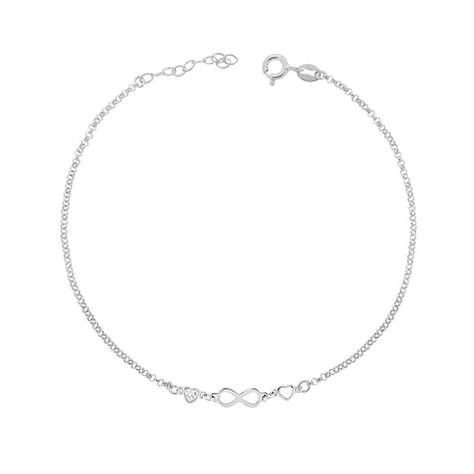 Cavigliera Catena Rolo Diamantata con Infinito e Zirconi a Cuore Bianco in ARGENTO 925 Galvanica Rodio