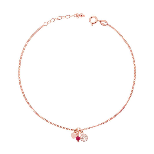 Cavigliera Catena Grumetta Diamantata con Albero della Vita Cuore e Perlina Bordeaux in ARGENTO 925 Galvanica Rosa