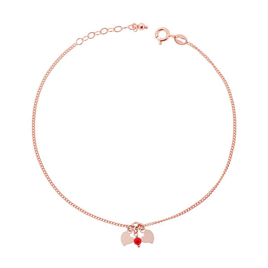 Cavigliera Catena Grumetta Diamantata con Cuori plain e Perlina Rosso in ARGENTO 925 Galvanica Rosa