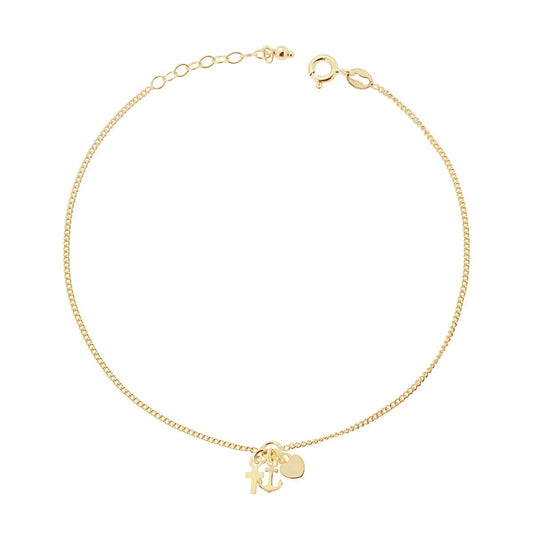 Cavigliera Catena Grumetta Diamantata con Ancora Croce e Cuore plain pendenti in ARGENTO 925 Galvanica Oro