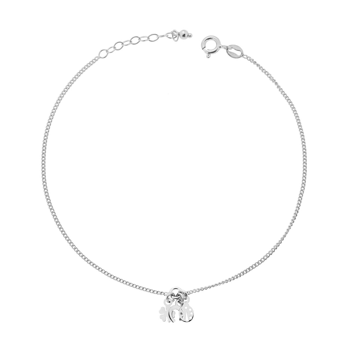 Cavigliera Catena Grumetta Diamantata con Coccinella Ferro di Cavallo e Quadrifoglio pendenti in ARGENTO 925 Galvanica Rodio