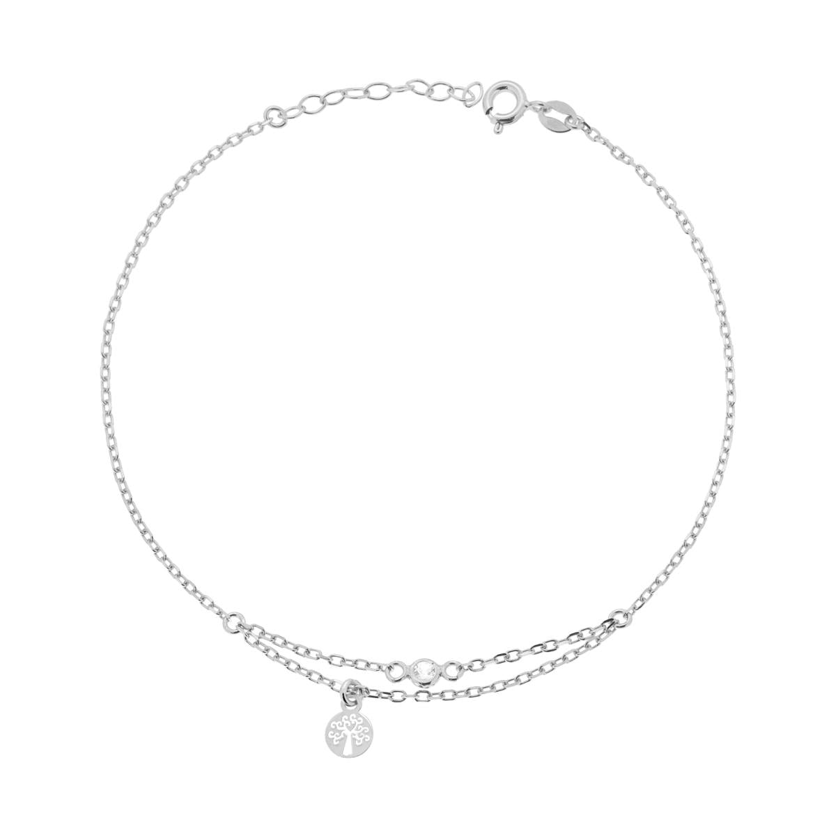Cavigliera Catena Forzatina Diamantata con Albero della Vita plain pendente e Zircone Bianco in ARGENTO 925 Galvanica Rodio