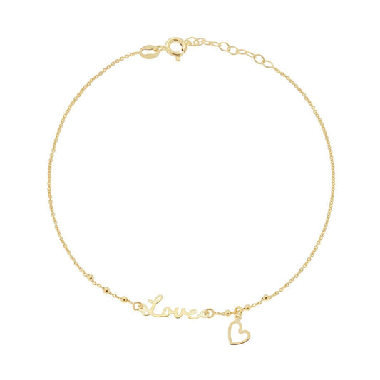 Cavigliera Catena Rolo Diamantata con scritta Love e Cuore pendente in ARGENTO 925 Galvanica Oro