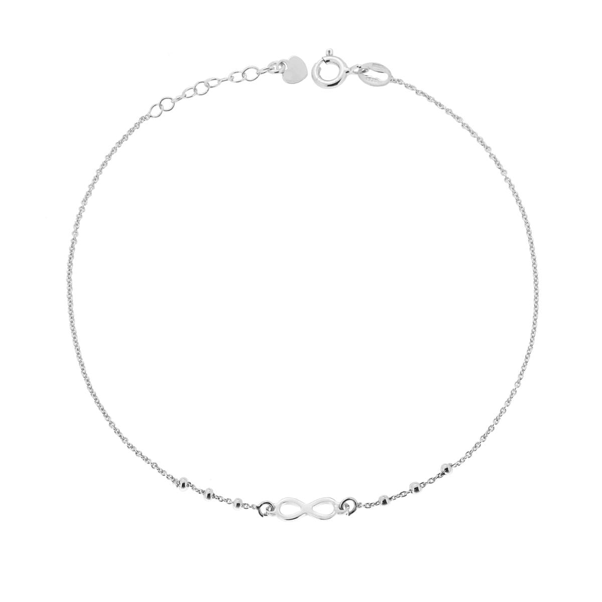 Cavigliera Catena Rolo Diamantata con Infinito e Cuore plain pendente in ARGENTO 925 Galvanica Rodio
