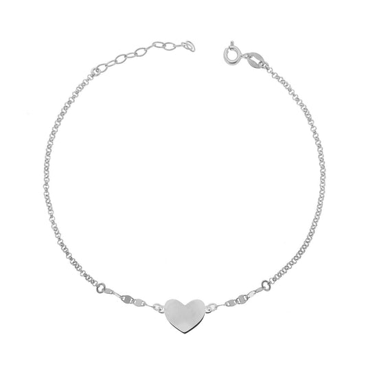 Cavigliera Catena Rolo Diamantata e Traversino con Cuore in ARGENTO 925 Galvanica Rodio