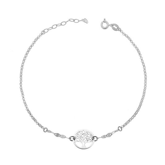 Cavigliera Catena Rolo Diamantata e Traversino con Albero della Vita in ARGENTO 925 Galvanica Rodio