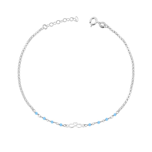Cavigliera Catena Rolo Diamantata con Infinito Cuore e Crystal Azzurro in ARGENTO 925 Galvanica Rodio