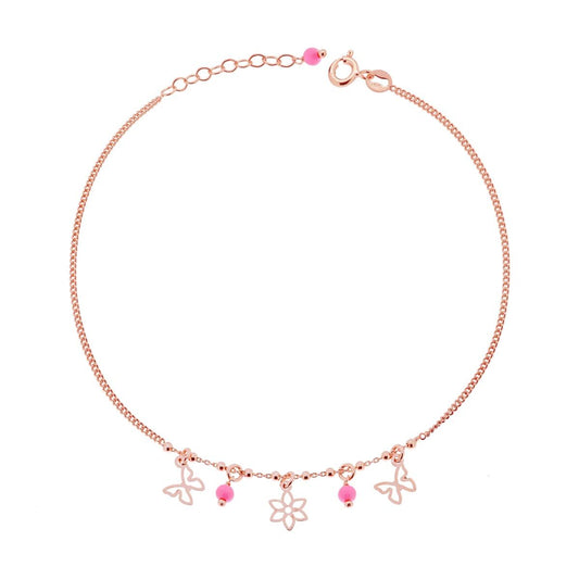 Cavigliera Catena Grumetta Diamantata con Farfalle e Fiore e Perline Rosa pendenti in ARGENTO 925 Galvanica Rosa