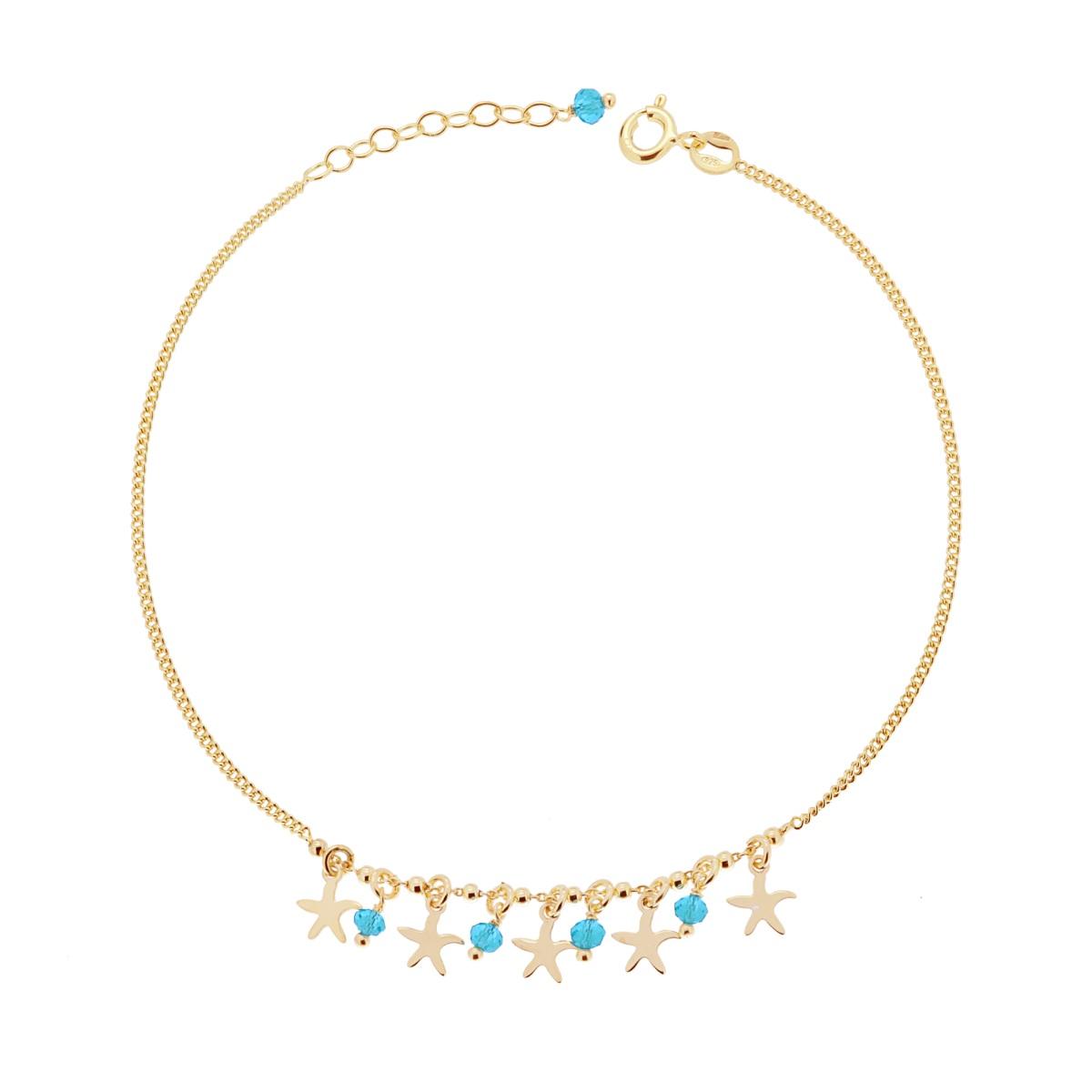 Cavigliera Catena Grumetta Diamantata con Stelle Marine plain e Crystal Azzurri pendenti in ARGENTO 925 Galvanica Oro